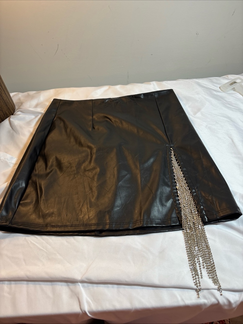 Windsor Black Faux Leather Mini Skirt with Rhinestone Chain Fringe /418